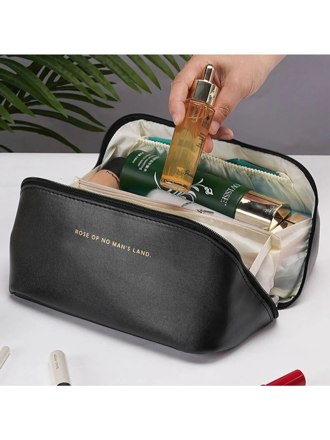 Large Luxury Travel Cosmetic Bag for Women – Leather Makeup Organizer & Toiletry Case