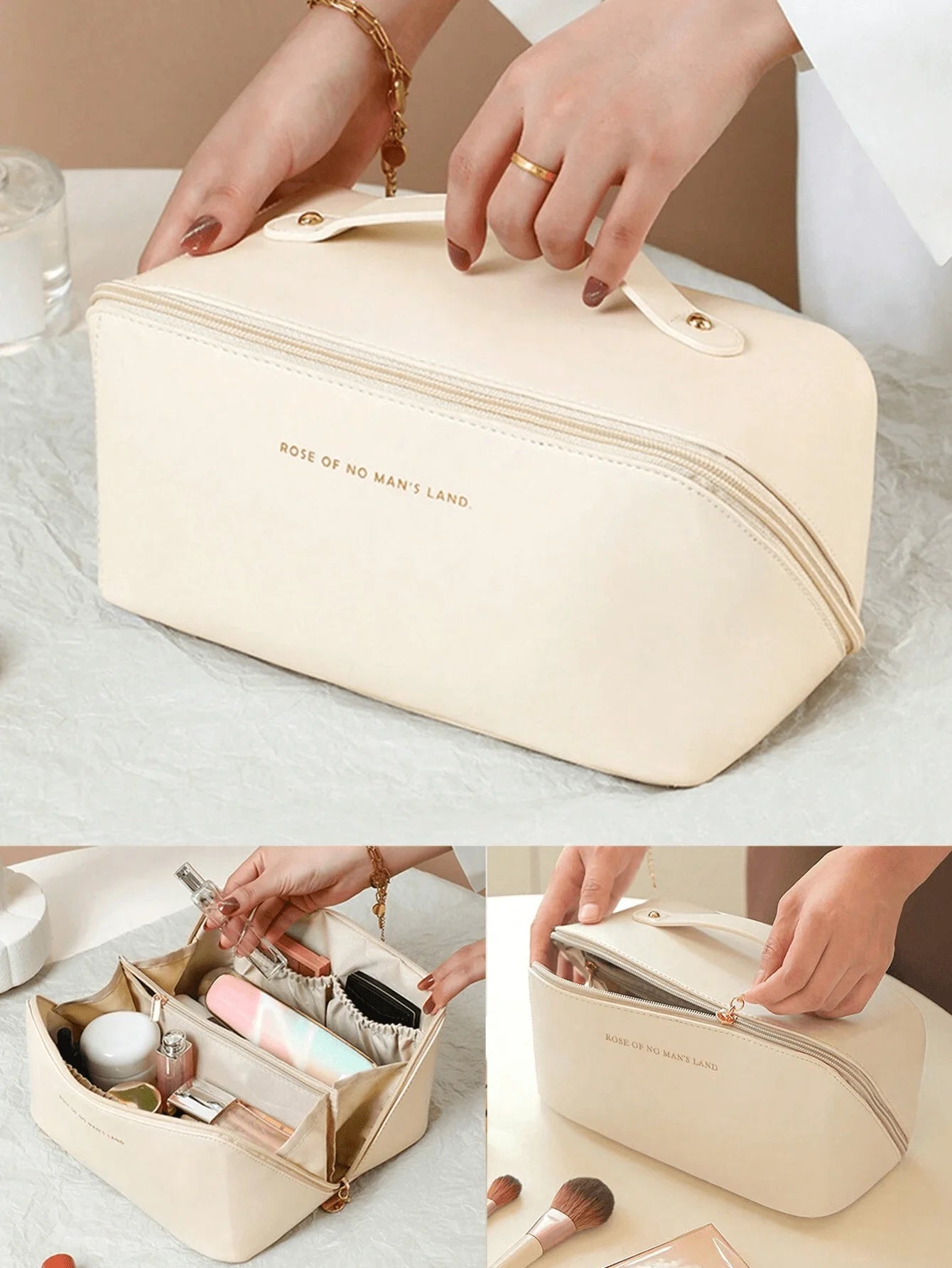 Large Luxury Travel Cosmetic Bag for Women – Leather Makeup Organizer & Toiletry Case